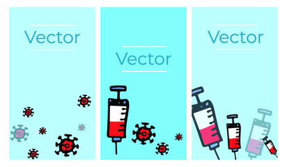 Vaccine needle injection with bacteria sketch vector set of illustrations. Health treatment hand drawn vertical background. Pharmacy antibiotic media banner