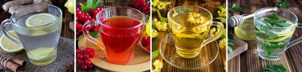 Collage of hot vitamin tea in the glass cups on the wooden background. Close-up.