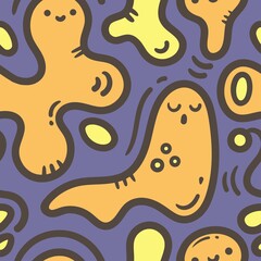 Seamless pattern with cute cartoon creatures on violet background. Funny cartoon print. Doodle abstract poster.