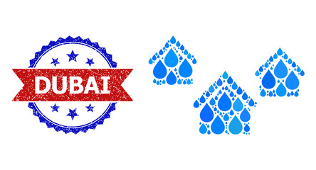 Vector mosaic village houses, and bicolor textured Dubai watermark. Village houses collage for clean drink ads. Village houses is created with blue clear water drops.