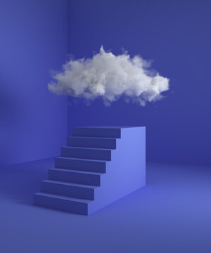 Cloud with steps and podium, successful business concept. 3D illustration, rendering.