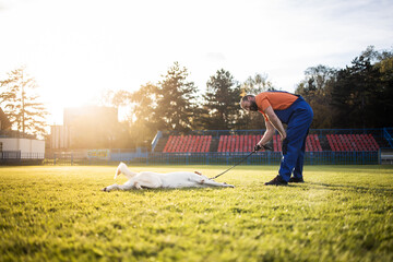 Time to study.Man training his dog.