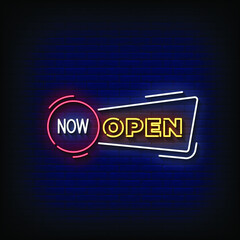 Now Open Neon Sign On Brick Wall Background Vector