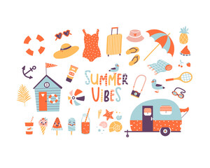 Set of beach summer elements swimsuit, sunglasses, umbrella, beach hut, camper trailer.  Vector collection. Summer design. 