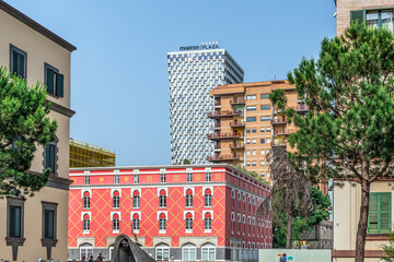 Tirana, Albania - June 21, 2021: View of the pink building of the Ministry of Agriculture on the...