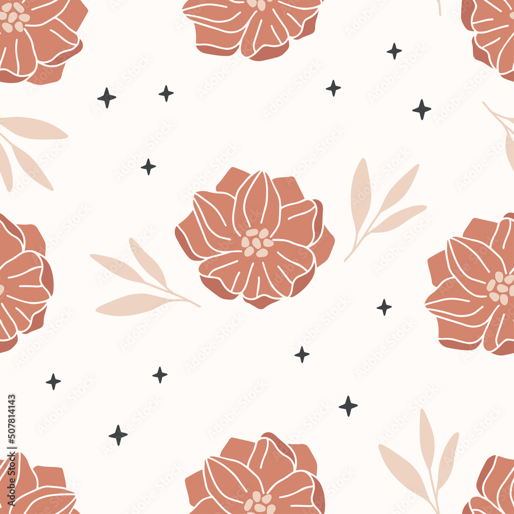 Wall mural floral vector seamless pattern. flower, leaves and star on beige background. modern boho drawing. bo