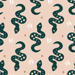 Vector seamless pattern with boho snake. Print with magic serpent, moon phase, flowers and stars. Mystical esoteric background for digital paper, fabric design, phone case, wrapping, cover.