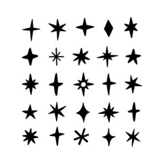 Hand drawn stars silhouette vector collection. Firework sparkles icons set isolated on white. Decoration flicker, flash magic symbol.