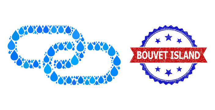 Vector mosaic chain element, and bicolor rubber Bouvet Island seal stamp. Chain element collage for pure drink advertisement. Chain element is designed with blue clean aqua drops.