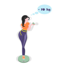 A beautiful girl with black hair and an apple in her hands. A girl who wants to know her weight and for this she got on the scale. Diet as a way of life.