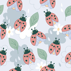 Obraz premium Seamless repeatable childish pattern with ladybug for children clothing and wallpaper, vector illustration. Decorative endless summer background design with ladybird or lady-beetle.