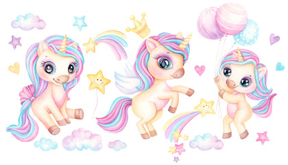 Cute Unicorn Watercolor illustration pastel and candy colors for girls princess poster. Set of magical cartoon unicorns isolated on white background. Trendy cartoon baby horse. Birthday concept.