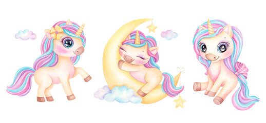 Cute Unicorn Watercolor illustration pastel and candy colors for girls princess poster. Set of magical cartoon unicorns isolated on white background. Trendy cartoon baby horse. Birthday concept.