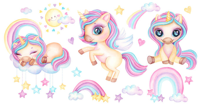 Cute Unicorn Watercolor illustration pastel and candy colors for girls princess poster. Set of magical cartoon unicorns isolated on white background. Trendy cartoon baby horse. Birthday concept.
