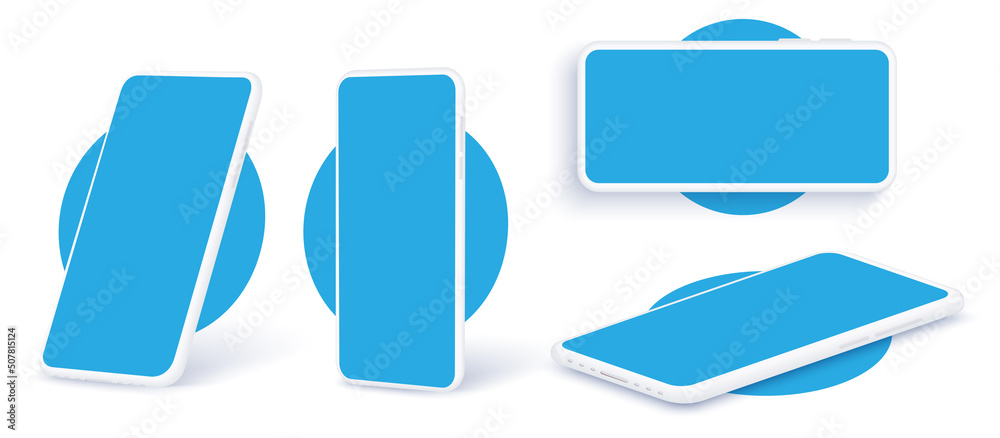 Fototapete 3d layout of a mobile phone in various positions. the smartphone is pale white with blue elements is