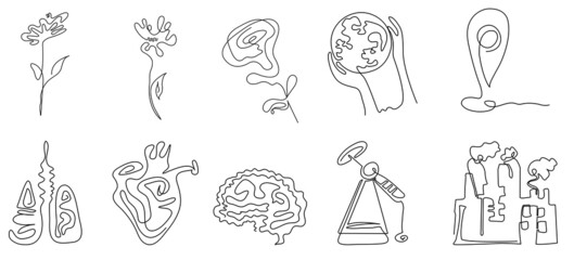 A set of icons in the style of one line on a blue background. Flower, planet, pointer, lungs, heart, plant, planet and others. Vector illustration © ZinetroN