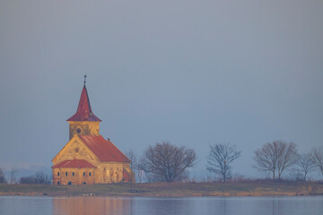 Lake Musov with Church of St. Linhart in Musov, Southern Bohemia, Czech Republic