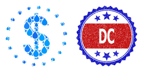 Vector mosaic dollar zone, and bicolor rubber DC seal stamp. Dollar zone collage for pure beverage ads. Dollar zone is created from blue drinking aqua raindrops.
