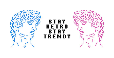 Pixel statue for t-shirt design with pixel font slogan. Tee shirt and apparel print in 8-bit retro games style. Pixelated sculpture print for t-shirt. Vector.