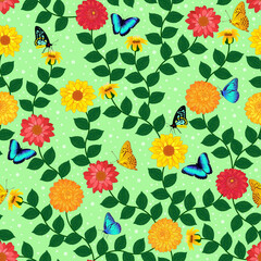 floral garden seamless pattern. flowers pattern. butterfly, blue butterflies, yellow butterfly, marigold flowers. green background. good for fabric, fashion, backdrop, background, dress, wallpaper.
