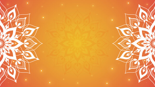 Ornamental ethnic mandala on orange background with lights.