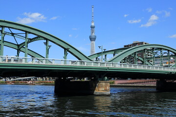 隅田川に架かる厩橋とランドマークタワー