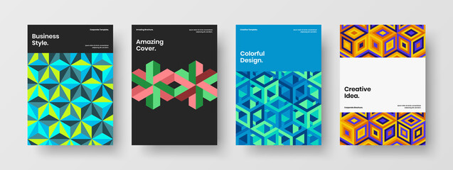 Fototapeta na wymiar Multicolored geometric shapes front page template collection. Original brochure design vector illustration bundle.