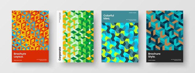 Multicolored magazine cover vector design template bundle. Fresh geometric hexagons corporate brochure illustration composition.