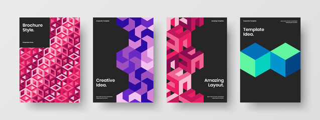 Bright geometric hexagons pamphlet layout set. Minimalistic journal cover design vector template composition.
