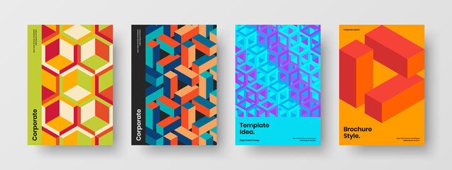 Vivid cover vector design template composition. Creative geometric hexagons annual report illustration set.
