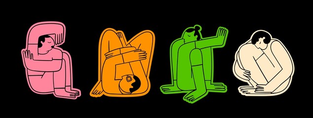 People sitting or lying in different poses. Sleeping in uncomfortable positions concept. Cute abstract characters. Hand drawn colorful modern Vector illustration. Cartoon trendy style. Bright stickers - obrazy, fototapety, plakaty