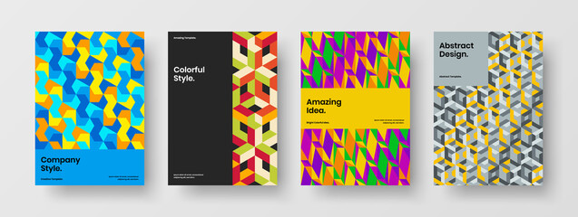 Fototapeta premium Unique geometric shapes magazine cover template composition. Creative placard A4 vector design layout bundle.