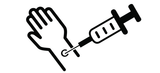 Cartoon, comic injection in hand. Needle spiking. Anti viral virus vaccine. Vector icon or symboolAntiviral virus vaccines for preventing epidemic, booster shot. Inject or injection for diabetes.