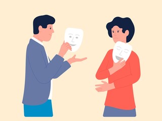 Masking true feels. Fake love and relationship, people lie. Couple hide angry and hate behind face mask. Woman and man liers, recent vector characters