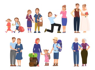 Family stages. Different ages people, children, students, young adults couple. Man woman relationship development, marriage and pregnancy decent vector set