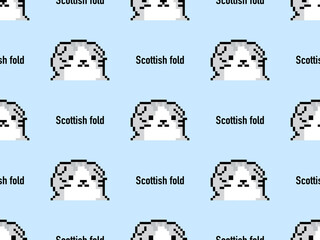 Scottish fold cartoon character seamless pattern on blue background. Pixel style.
