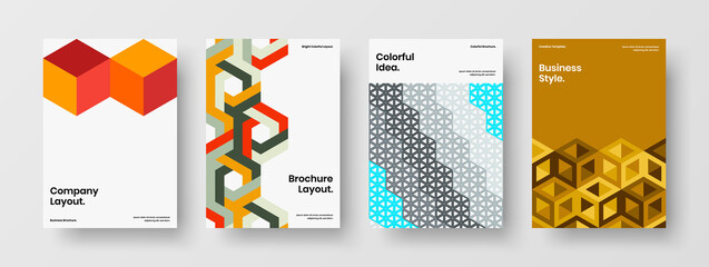 Multicolored mosaic pattern book cover illustration bundle. Bright company identity design vector template set.