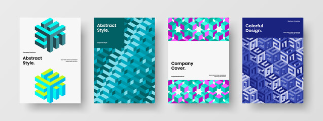 Clean corporate brochure A4 vector design concept composition. Amazing mosaic hexagons booklet illustration set.