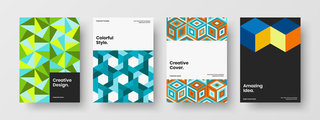 Unique corporate brochure vector design concept bundle. Original mosaic hexagons pamphlet layout collection.