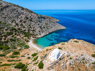 Aerial view of the small beach of Armeas next to Galissas with the picturesque church of Agios...