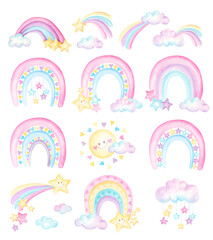 Set of rainbows with hearts, clouds, rain on pastel candy color. Watercolor hand drawn illustration isolated on a white background. Perfect for kids posters, postcards, fabric.