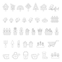 Cute black and white cartoon spring elements on white background. © Milya Shaykh