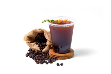 Ice black coffee, cold brew with coffee beans. Isolate on white background.