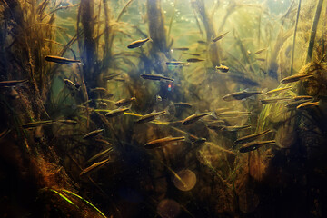 school of fish freshwater aquarium, background ecology fish underwater