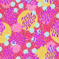 Bright abstract seamless pattern with colorful various spots on attractive pink background. Purple, light blue, yellow, dark grey and pink colors.