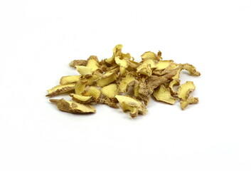 pile of dried ginger slices isolated on white background