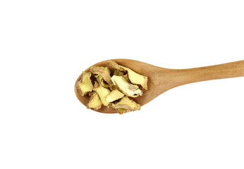 pile of dried ginger slices in a wooden spoon isolated on white background