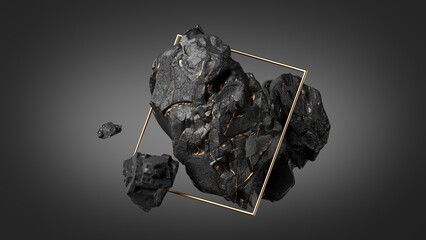 3d render, abstract black background with levitating stones rocks with gold veins and geometric square frames