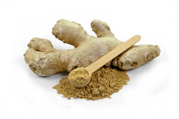 Fototapeta premium Ginger with dried powder over white background
