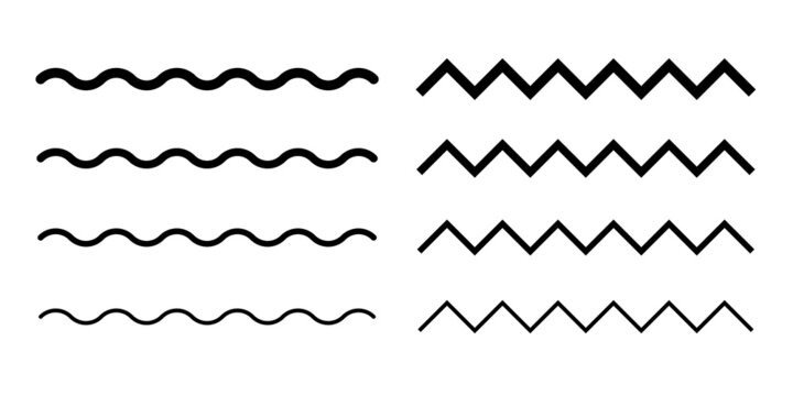 Wave line and wavy zigzag lines. Black curved lines pattern in abstract style. Horizontal geometric decoration element. Vector illustration.